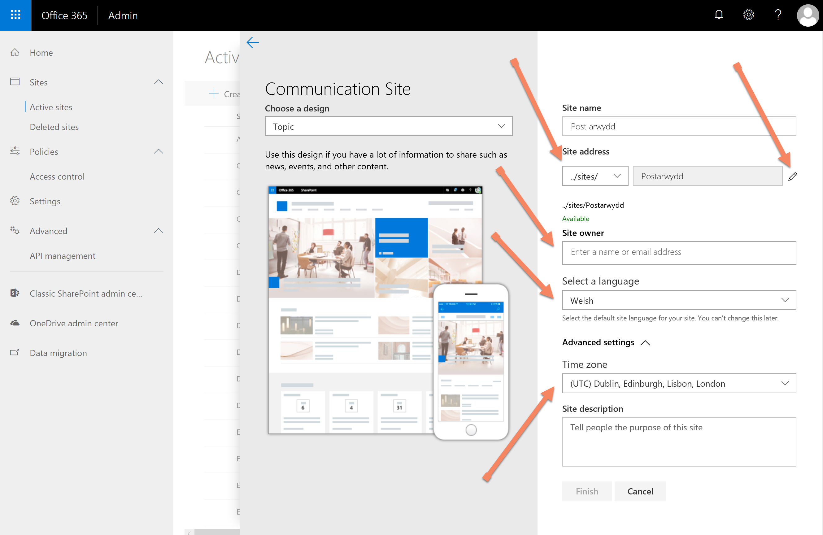 SharePoint Screenshot of the site creation screen with arrows pointing to the new options for the site