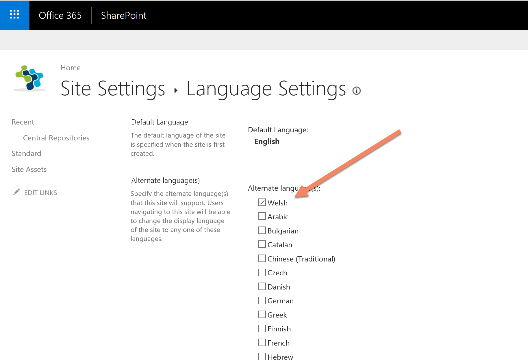 A Screen shot of selecting languages on the site settings page