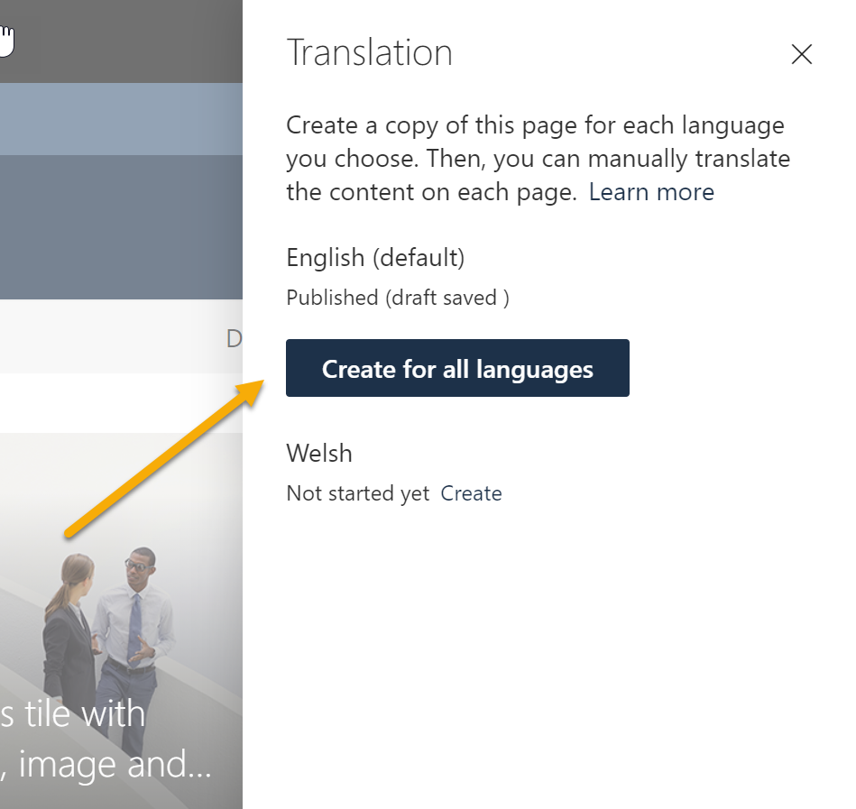 Screenshot of option to create a pages in all languages from the source page