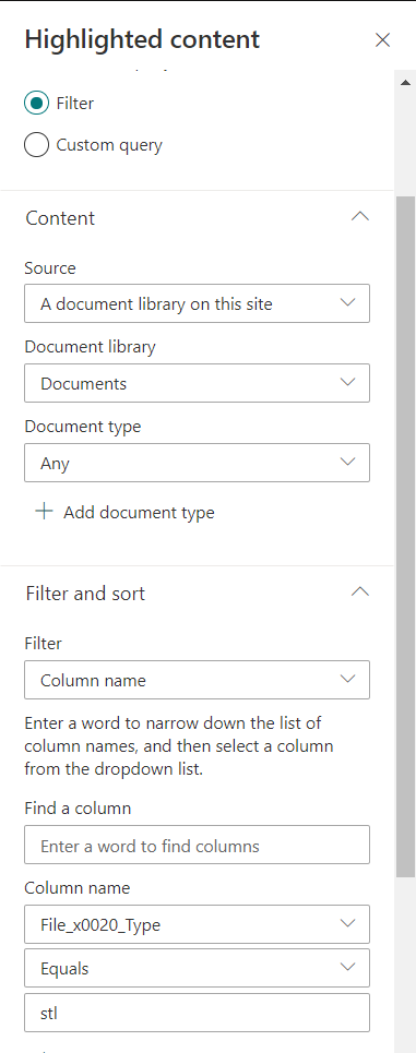 Screenshot of the settings to filter STL files